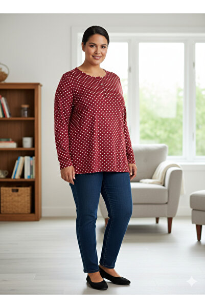 DHDmoda Kadın Büyük Beden Penye Bordo Süs Düğmeli Puantiyeli Bluz