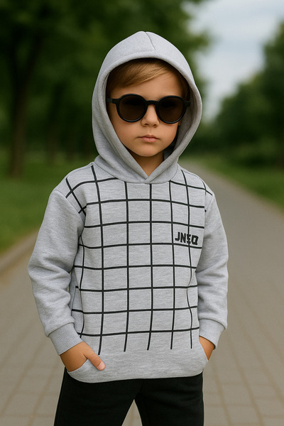minikiss Hooded 3 Thread Ş Fleece-Lined 100% Cotton Boys' Bottom and Top Set