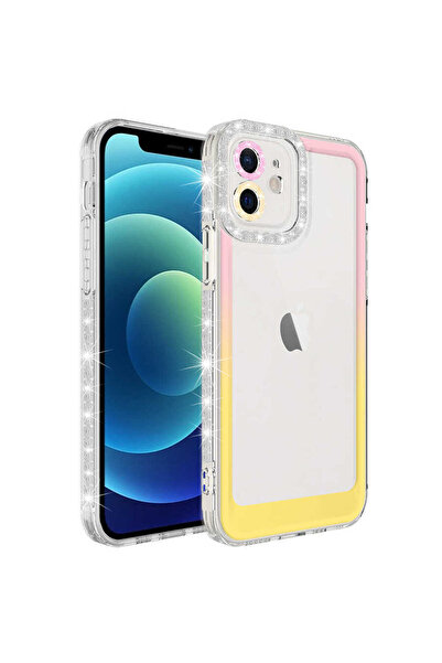 zore iPhone 11 Compatible Lsenk Protected Senk Park Case with Glitter and Color Transition Design-Pink-Yellow