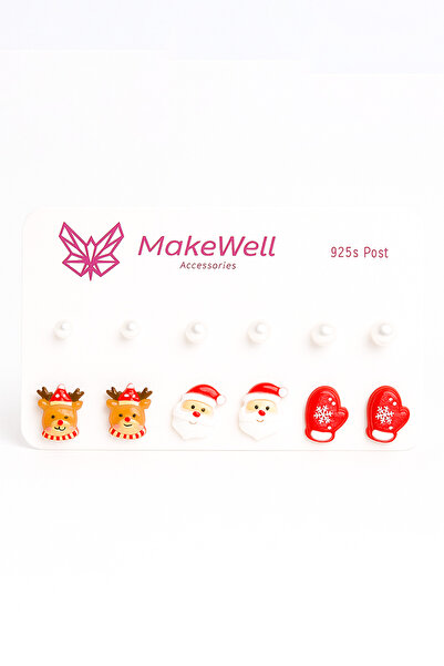 MakeWell New Year's Concept Colorful Earring Set with Snowman and Pine Tree Figures and Pearl Earrings