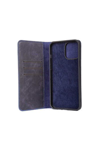 zore iPhone 11 Compatible Senk Genuine Leather Multi Wallet Case-Navy Blue