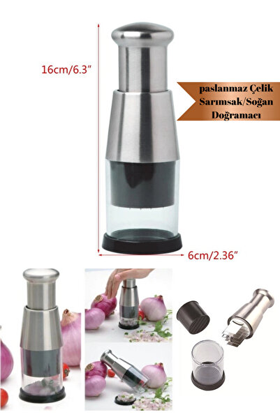 BRE HOME Paslanmaz Çelik Sarımsak Soğan Doğrayıcı – 16 cm Manuel Basmalı Doğr...