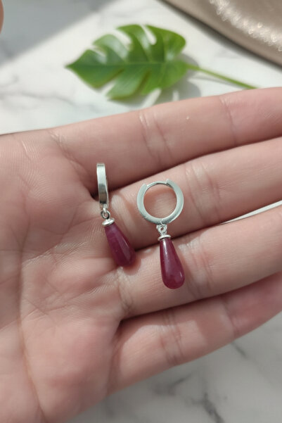 mefshop 925 Ayar Gümüş Yakut Taşlı Damla Küpe – 6x14 mm Yarı Değerli Yakut Ta...