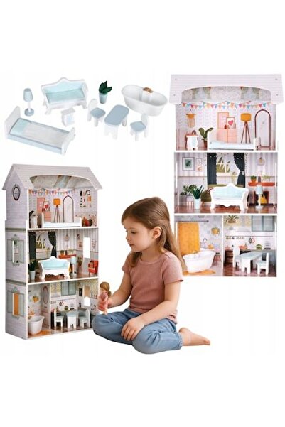 LikeSmart Casă de păpuși Alice din lemn, 3 etaje, 4 camere, 9 piese de mobili...