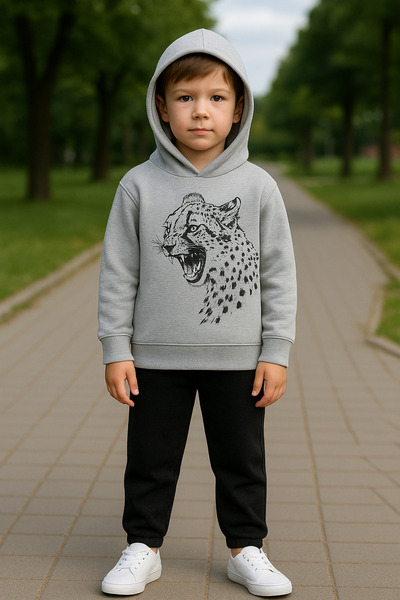 minikiss Hooded 3 Thread Ş Fleece-Lined 100% Cotton Boys' Bottom and Top Set