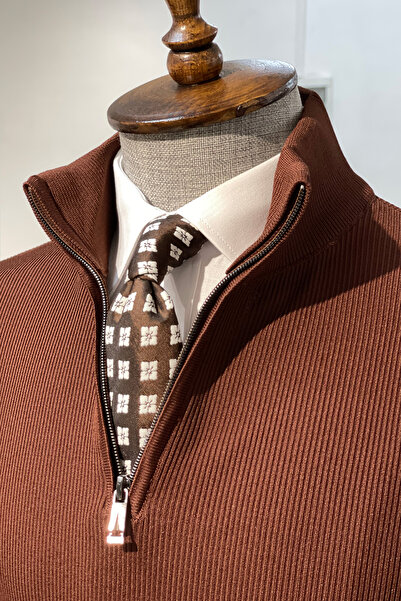 NAZEF Slim Fit Zippered Judge Collar Corded Fabric Cotton Brown Sweater