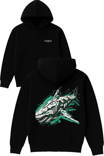 VSRN Hanorac negru supradimensionat cu glugă, cu imprimeu Metal shark Design