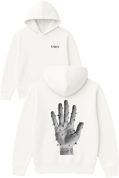 VSRN تصميم اليد المسننة مطبوع قصة فضفاضة سويت شيرت أبيض بغطاء رأس