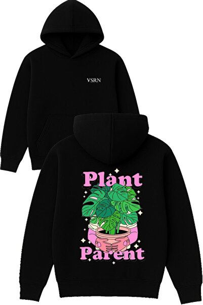VSRN Hanorac negru supradimensionat cu glugă, cu imprimeu „Plant Parent Design”