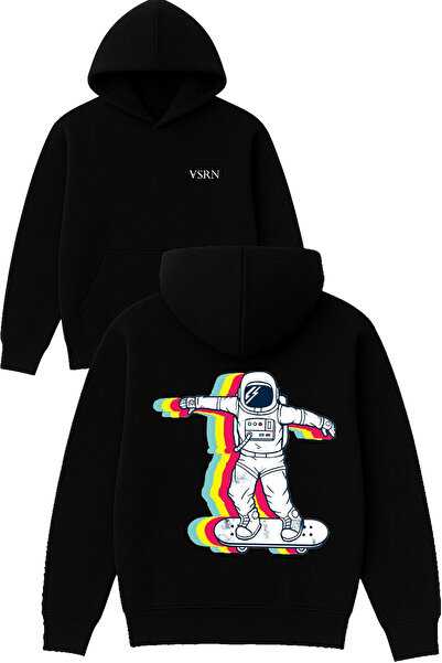 VSRN Hanorac negru supradimensionat cu glugă, imprimat cu design de astronaut...