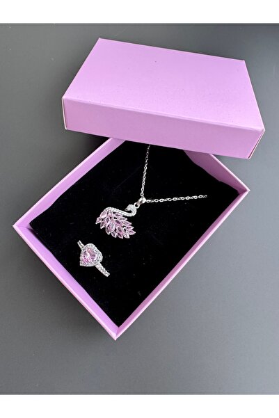 shop PEMBE KUĞU KOLYE YÜZÜK SETİ ÇELİK
