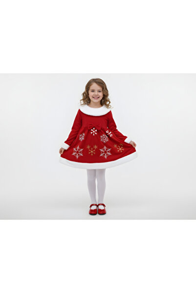 Nimini Kids New Year Themed Fleece-Lined Plush Boat Neck Bow Detailed Snowflake Girl's Dress (4-8 Years Old)