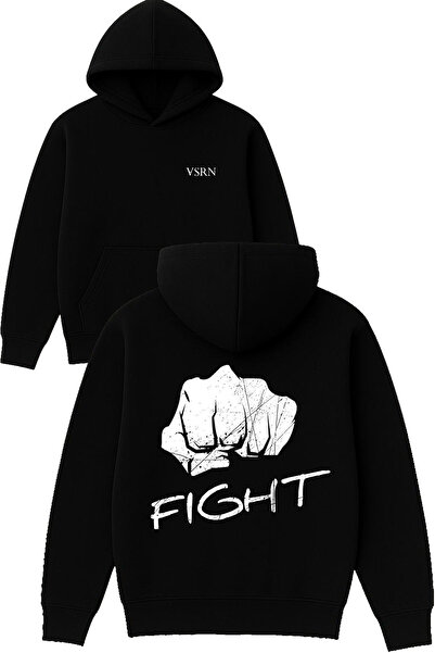 VSRN تصميم قبضة اليد القتالية مطبوع قصة فضفاضة سويت شيرت أسود بغطاء رأس