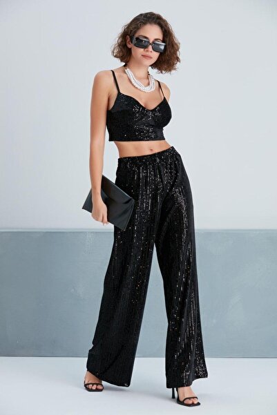 LÜKSERA Siyah Pullu Büstiyer | İp Askılı Zarif Kadın Büstiye