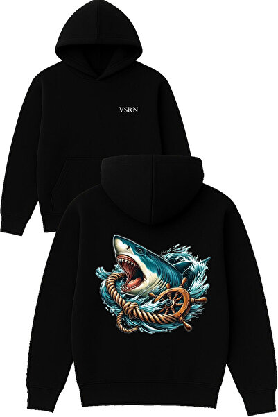 VSRN Φούτερ με κουκούλα Dümenci Shark Design με στάμπα, μεγάλου μεγέθους, μαύρο
