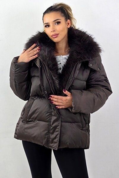 FashionForYou Thick fleece jacket, SoReal, asymmetrical, with fur collar, BROWN, M