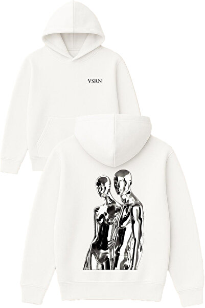 VSRN تصميم ميتاليك ليبرد مطبوع قصة فضفاضة سويت شيرت أبيض بغطاء رأس