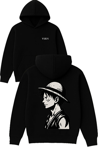 VSRN Hanorac negru supradimensionat cu glugă, cu imprimeu anime cu design zgâ...