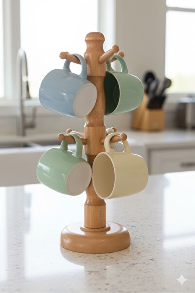 abnturk Ahşap Bardak askılığı 6 Askılı Kulplu Bardak Askılığı