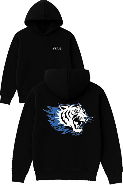 VSRN Hanorac negru supradimensionat cu glugă, cu imprimeu Blue Flame Tiger De...