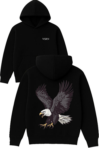 VSRN Hanorac negru supradimensionat cu glugă, cu imprimeu Big Eagle Design