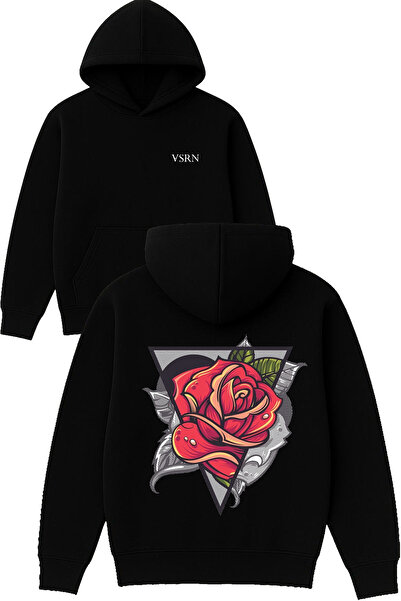 VSRN Inverted Triangle Rose Design Printed Oversized Black Hooded Sweatshirt
