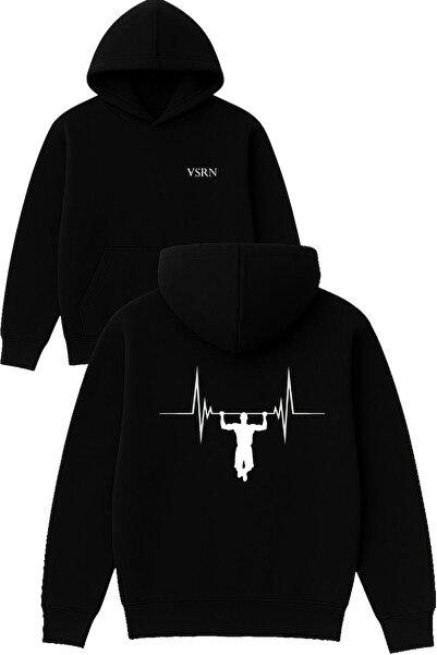 VSRN Hanorac negru supradimensionat cu glugă, imprimat cu design Barfix Gym A...