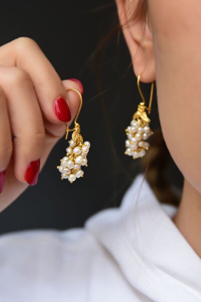 Flamingo 925 Ayar Gümüş Altın Kaplama Inci Taşlı Salkım Üzüm Küpe