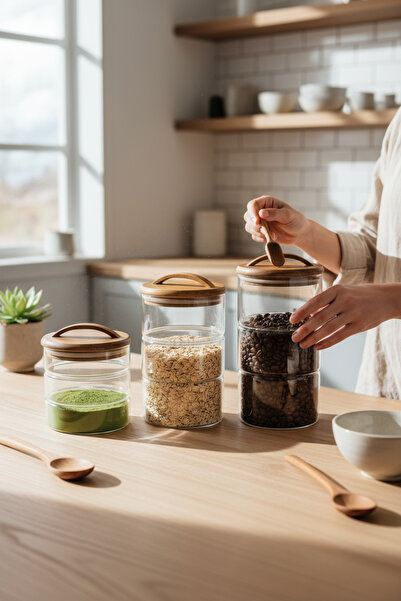 zezedesing Acacia Lid 3-Piece Glass Decorative Vacuum Jar Set with Glass Stems 600ml - 950ml -1200Ml