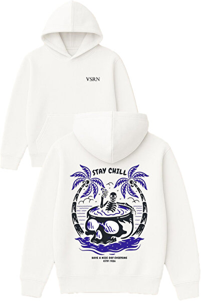 VSRN Μπλούζα με κουκούλα Stay chill με στάμπα σχεδίου, σε μεγάλο μέγεθος, λευκή