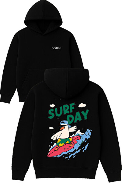 VSRN Hanorac negru supradimensionat cu glugă, cu imprimeu Surf day Design