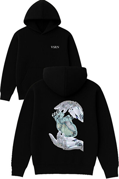 VSRN تصميم قلب الروبوت مطبوع قصة فضفاضة سويت شيرت أسود بغطاء رأس