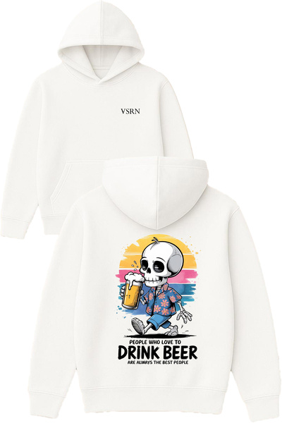VSRN Hanorac alb supradimensionat cu glugă, cu imprimeu design „Drınk beer”
