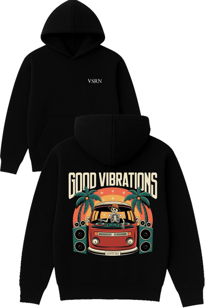 VSRN تصميم اهتزازات جيدة مطبوع قصة فضفاضة سويت شيرت أسود بغطاء رأس