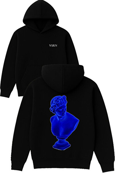 VSRN Hanorac negru supradimensionat cu glugă, cu imprimeu cu design Blue Statue