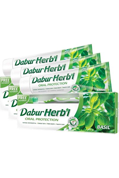Dabur معجون أسنان عشبي لحماية الفم بنكهة الريحان ١٥٠ غرام + فرشاة أسنان (عبوة من ٣ قطع)