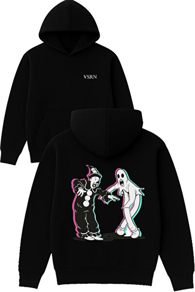 VSRN Hanorac negru supradimensionat cu glugă, cu imprimeu Clown Ghost Design