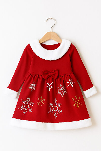 Nimini Kids New Year Themed Fleece-Lined Plush Boat Neck Bow Detailed Snowflake Girl's Dress (4-8 Years Old)
