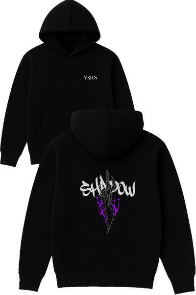 VSRN تصميم شادو مطبوع قصة فضفاضة سويت شيرت أسود بغطاء رأس