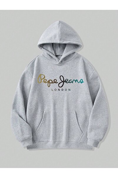 PALPİTO Women's Gray Pepe London Printed Hooded Hoodie Sweatshirt