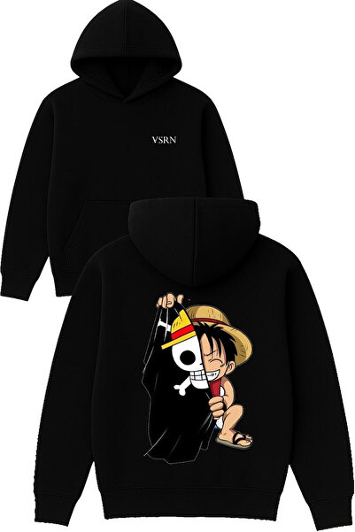 VSRN تصميم علم القراصنة الأسود مطبوع قصة فضفاضة سويت شيرت أسود بغطاء رأس