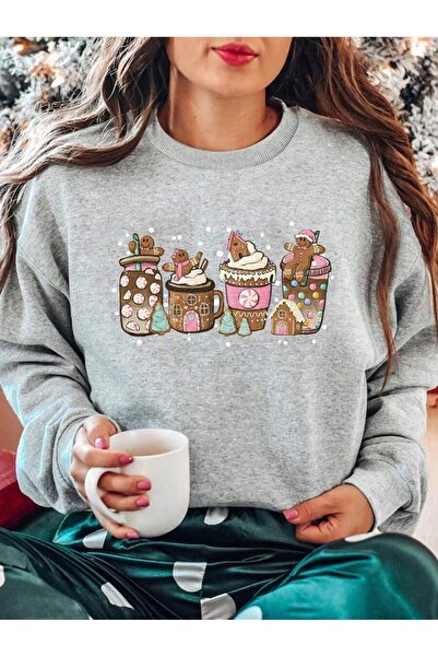 PALPİTO Women's Gray Cookie Coffee Printed Crew Neck Oversized Sweatshirt