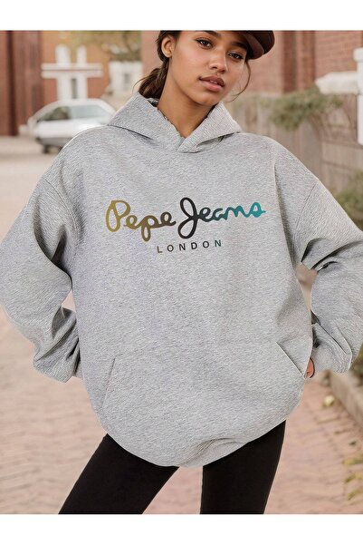 PALPİTO Women's Gray Pepe London Printed Hooded Hoodie Sweatshirt