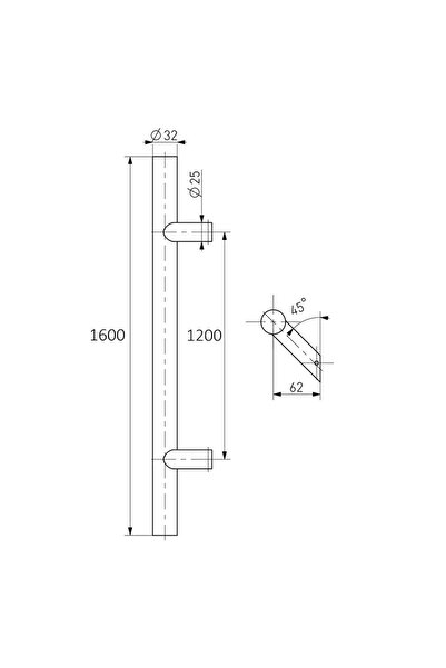 Medos Stainless steel handle set, Medos, 1600mm length, 1200mm center, 45° mounting
