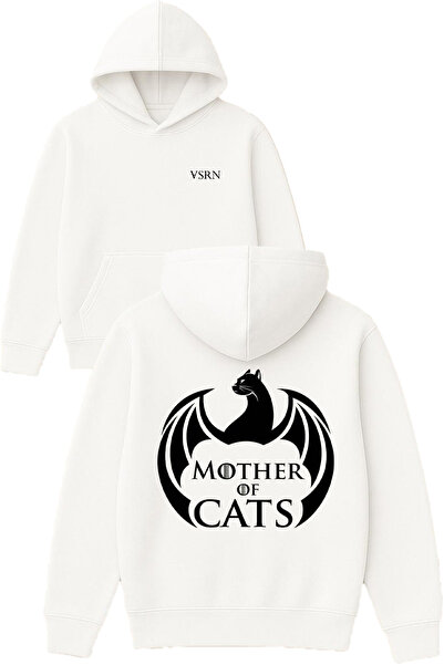 VSRN Hanorac alb supradimensionat cu glugă, cu imprimeu Mother of cats