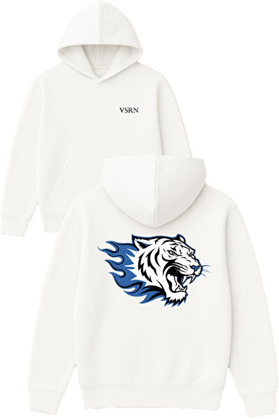 VSRN Hanorac alb supradimensionat cu glugă, cu imprimeu Blue Flaming Tiger De...
