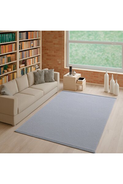 Genel Markalar Açık Gri Fitilli Desen Şönil Kilim Makinede Yıkanabilir Kaymaz...