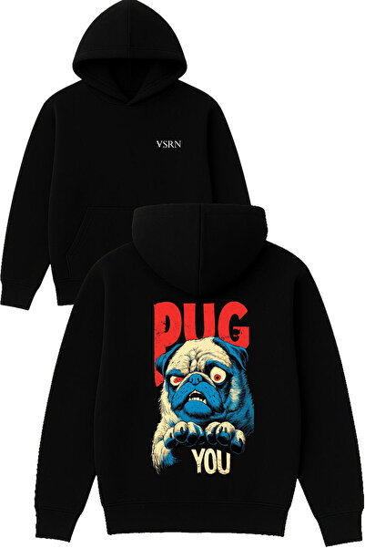 VSRN Φούτερ με κουκούλα Pug you Design, με στάμπα, σε μεγάλο μέγεθος, μαύρο
