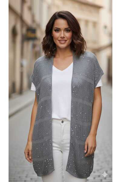 MODA Standard size sequined long Slit knitwear vest compatible with hijab.