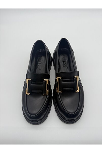 BURCU COLLECTİON Helen Black Loafer with Thick Sole and Gold Buckle Detail